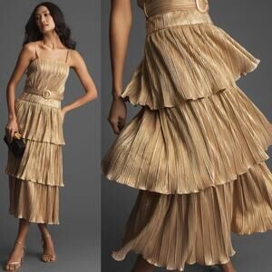 IEENA X Mac Duggal Pleated Tiered Midi Dress Gold Size 6 Gala Formal Chic Attire